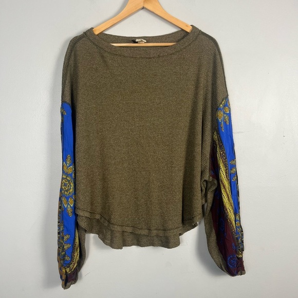 We the Free Top Womens small Green Blouson Sleeve Waffle Oversized - Picture 2 of 8